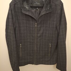 Marc Anthony Men’s Jacket Plaid Zip Faux Fur Collar Wool Blend Gray Size: Medium